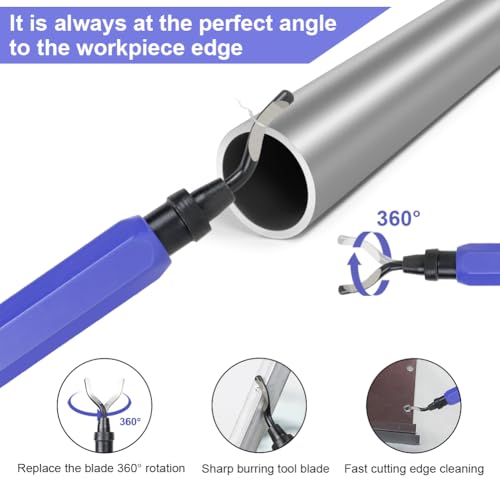 flintronic Universal Deburring Tool Metal Handle Hand Deburring Tool | With 10 replacement blades, 360° rotating blade cutting tool for 3D printers, plastic (1 tool + 11 blades) 11 pieces blue