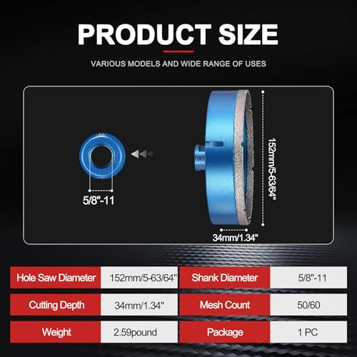 PATIKIL Diamond Hole Saw 6" 152mm with 5/8"-11 Thread Blue 6" (152mm) 1