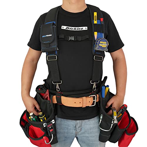 MELOTOUGH Tool Belt Suspenders Construction Work Suspenders with detachable phone holder comfortable foam shoulder padder (Blue) +