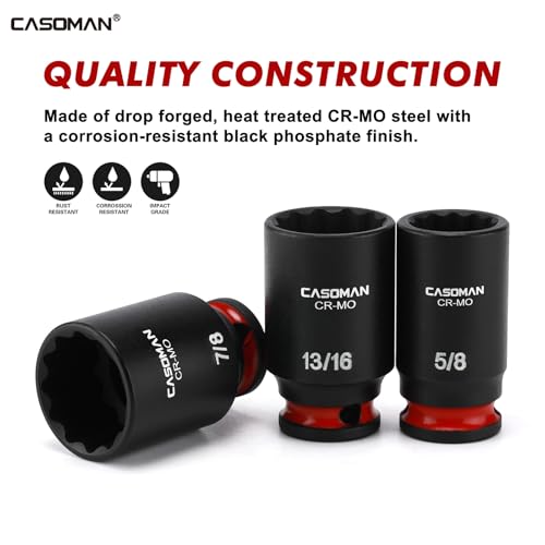 CASOMAN 12-Pieces 3/8" Drive Mid-Length Impact Socket Set, 12-Point, SAE, 5/16-Inch to 1-Inch, CR-MO Steel, with Storage Case 0.31 - 1 in