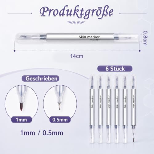 6 Stück Doppelkopf Tattoo Stifte – Tattoo Pen Set Aus Kunststoff, Tattoo Zubehör Für Profis & Anfänger, Hautmarker Mit 1,0/0,5 Mm Doppelspitze