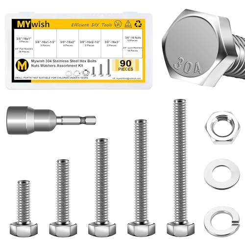 Mywish 85Pcs 5/16-18 Bolts and Nuts Kit & 90Pcs 3/8 Bolts, Hex Head Nuts and Bolts Assortment Kit, 304 Stainless Steel Bolts and Nuts Kit with Flat Spring Washers, Fully Threaded