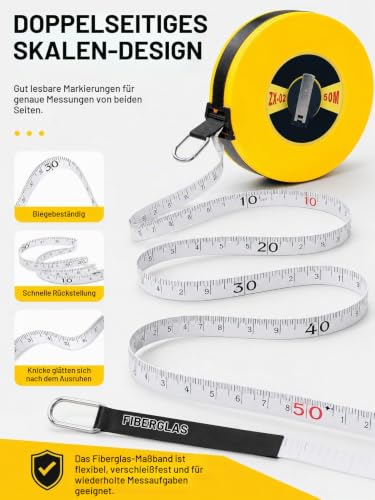 Tape Measure 50 m, Capsule Tape Measure with ABS Plastic Casing, Tape Measure Fibreglass Imperial and Metric, Double-Sided Scale, for Measuring Road, Railway, Electrical Engineering