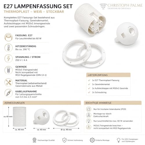 Socket E27 Thermoplastic White with Threaded Sheath and Attachment Cap M10 x 1 + 2x Screw Ring Lamp Socket Pluggable Set