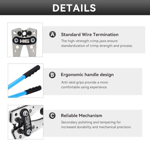 HKS Battery Cable Crimping Tool Kit – Heavy Duty Wire Crimper for AWG 10-1, Includes 60pcs Copper Ring Terminals & 60pcs 3:1 Heat Shrink Tubing, Ideal for Battery Cables HX-50B Crimper + 60pcs Lugs