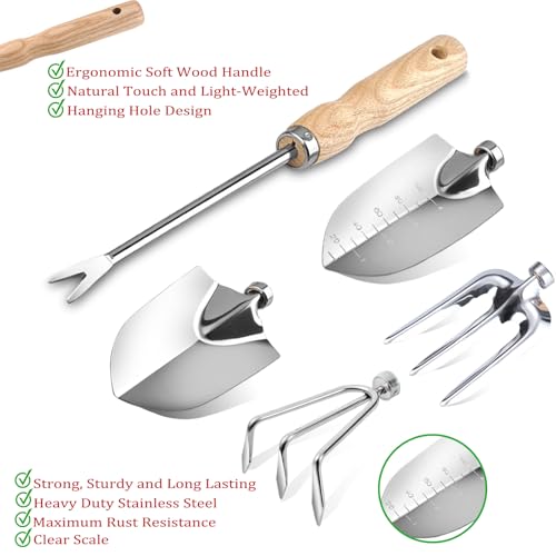 14 PCS Garden Tool Set with Soil Moisture Meter, Stainless Stell Heavy Duty Gardening Hand Tools with Wood Handle, Tote Bag, Repotting Mat, Gardening Tool Set Ideal Gift for Women and Men