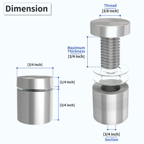 LuckIn 50-Pack Standoff Screws (3/4 in. Dia x 3/4 in. L), Stainless Steel Standoff Mounting Hardware for Acrylic Signs, Silver 3/4 x 3/4 Inch