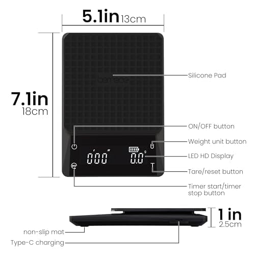Bemece Digital Coffee Scale with Timer, 0.1g/3KG Precision,M-Gloss Black M Gloss Black