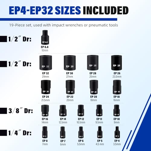 AKM 19PCS External Torx Plus Socket Set,6 Point EP Socket EP4-32 with 1/2’’ 3/8’’ 1/4'' Dr. EP8.8 compatible with Tesla, E-Torx Star Torque Sockets Set, Cr-v steel with High Impact Storage Case