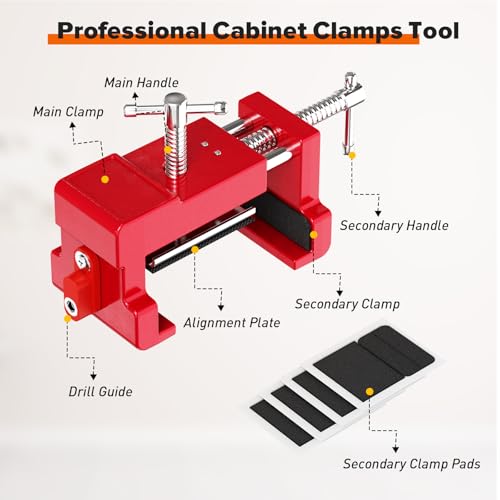 Cabinet Clamps, Cabinet Installation Cabinetry Clamps Face Frame Clamps Tools with Two Side Screws and Alignment Plate, 2 Pack, Up to 440 lbs Load Capacity, Red Red-2 Pack