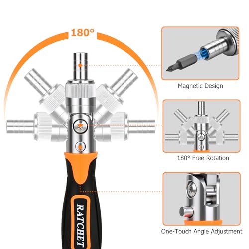 180° Adjustable Ratchet Screwdriver and Wrench Set with Bit Sets, Metric Socket Set with Flexible Shaft Extension, Ratcheting Screwdriver Mechanics Tool Kit for Tight Spaces