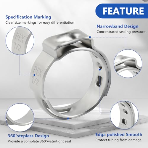 1/2 inch Pex Clamps 250pcs Pex Crimp Rings Single Ear Hose Clamps Stainless Steel Pex Fittings Cinch Clamp Ring for PEX Pipe Tubing 1/2"-250pcs