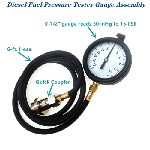 Diesel Fuel Pressure Tester Gauge Assembly TU-32-6 6.6L,Fits for GM Duramax Diesel Fuel System Test Kit, with Quick Coupler (30 inHg - 15 PSI, 6FT)