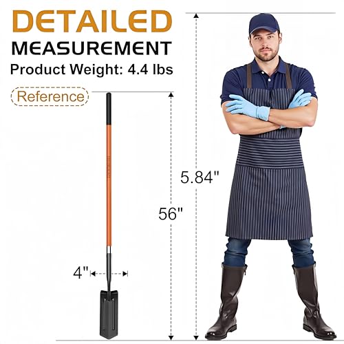 56 Inch Heavy Duty Trenching Shovel, 4-Inch V-Cut Blade Fiberglass Handle
