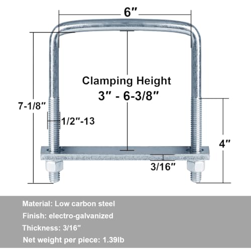 2 Pcs 6 Inch Wide Square U-Bolt, 1/2" x 6" x 7-1/8" 1/2" x 6" x 7-1/8"