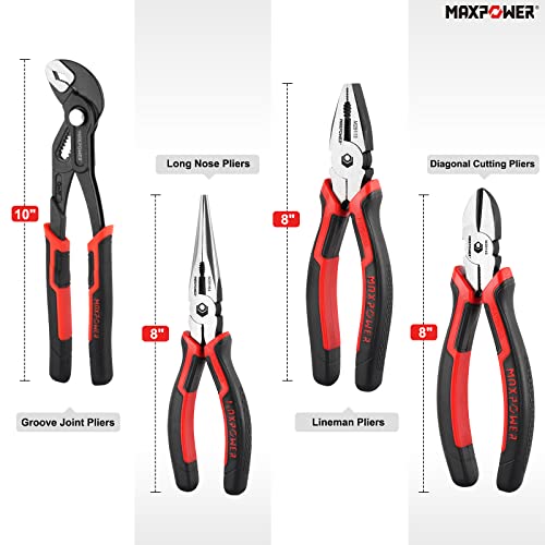 MAXPOWER 4-Piece Pliers Set, 8" Lineman, Cutters, Needle Nose & 10" Pump
