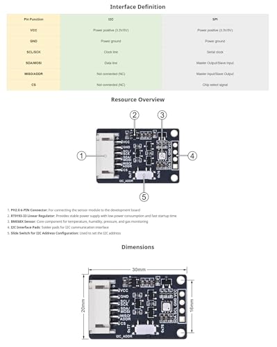 BME680 Environmental Sensor, Supports Temperature, Humidity, Pressure, Gas Detection, I2C & SPI, Ideal for Raspberry Pi, Pico, Arduino, and ESP32 Projects