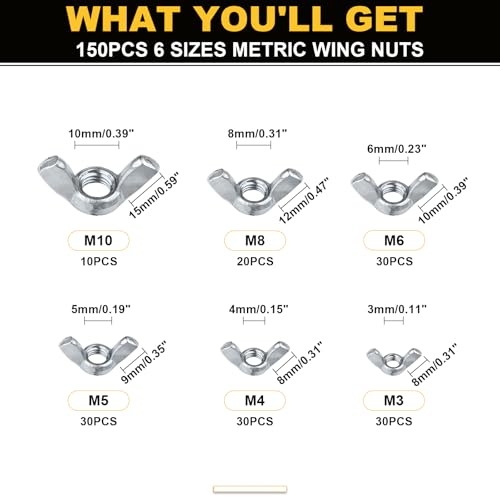 Siptenk 300PCS Metric & SAE Wing Nuts Assortment Kit M3-M12 6-32 to 3/8"-16 300 SAE & Metric