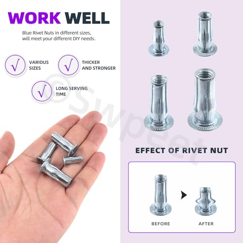 Swpeet 34Pcs 4 Sizes M4 M5 M6 M8 Metric Carbon Steel White Zinc-Plated Multi-Grip Rivet Nuts Plus Nuts Assortment Kit, Bulbed Shank Flat Head Threaded Insert Nut Construction Fasteners for Industrial