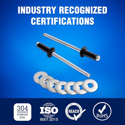New Age America® 700pcs Blind Pop Rivets & Backup Washers | 3/32" to 1/4" | Black | 14 Sizes | SAE Size Aluminum Rivets & 304 Stainless Steel Backup Washers | Rivet Kit w Steel Mandrel | Labelled Case 700 PCS Rivets & Washers