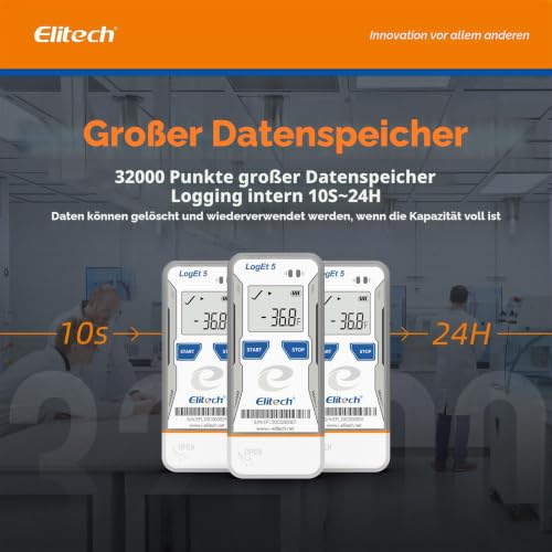 Elitech LogEt5TH USB Temperature and Humidity Data Logger, -30°C to 70°C, 32000 Memory Points, Auto PDF/CSV Reports, Compatible with Windows & MacOS, Reusable for Food Cold Chain Temperature -30 ~ 70 °C and humidity