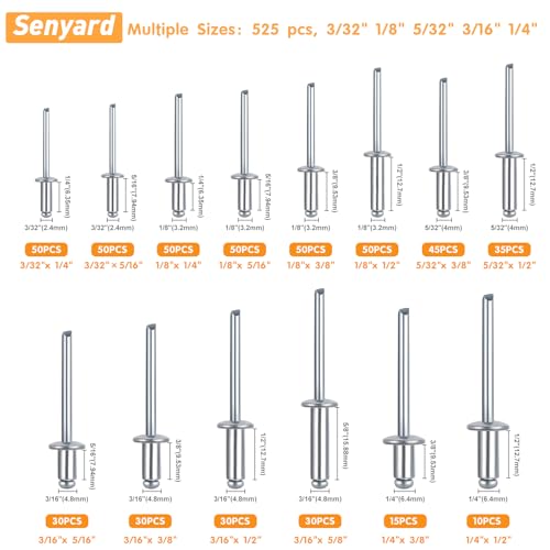Pop Rivets, Pop Rivets Assortment Kit, Aluminum Rivets kit, Pop Rivet Set Including (3/32" 1/8" 5/32" 3/16" 1/4"), Assorted Blind Rivets for Metal Dome Head Rivet kit 525 Pcs 3/32" 1/8" 5/32" 3/16" 1/4"