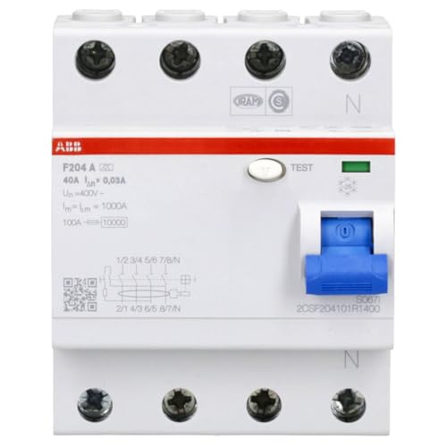 ABB RCD ABB Residual current circuit breaker 4-pole, 40 A 0.03 | RCCB für Personen-, Sach- & Brandschutz Montage auf DIN-Schiene ideal für Haus Gewerbe & Industrieanlagen 2CSF204101R1400