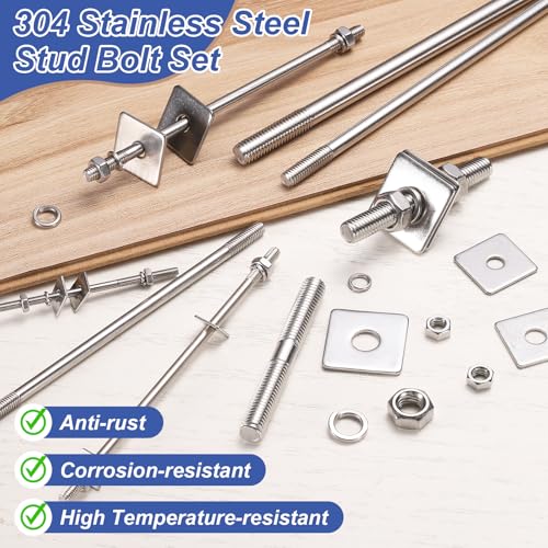 uxcell 2Pcs M6x500mm 304 Stainless Steel Double End Threaded Stud Screw Bolt with Nuts, Square Flat Washers & Spring Washers for House Maintenance, Silver Tone 2