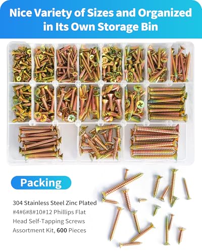 600Pcs Stainless Steel Zinc Plated Wood Screws Assortment Kit, #4#6#8#10#12 Phillips Flat Head Sheet Metal Screws Self Tapping Screws Set,Length 3/8" to 2" (Gold-Flat Head) Gold