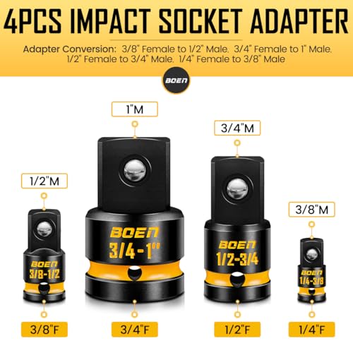 BOEN 8-Piece Impact Socket Adapter & Reducer Set, 1/4, 3/8, 1/2", 3/4", Cr-Mo Steel Impact Driver & Wrench Conversion Kit with Deep Embossed and Painted Marking