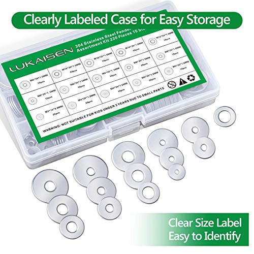 230 Pcs 304 Stainless Steel Flat Washers, M3-M12 Fender Gasket Kit Silver