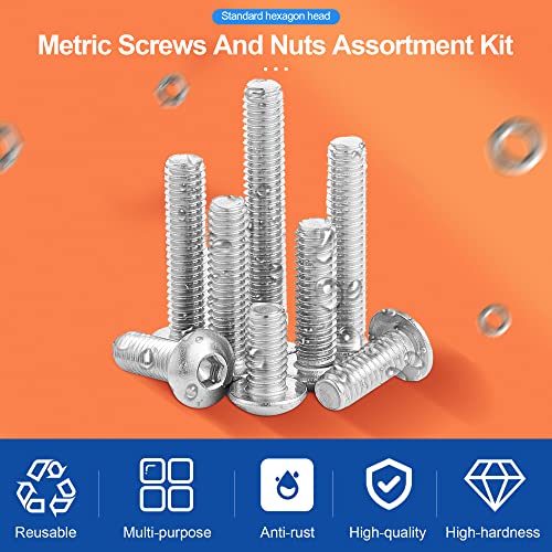 NINDEJIN M2 M3 M4 M5 Stainless Steel Hex Socket Cap Screw Metric Screws Bolts & Nuts & Washers Assortment Kit with Allen Key (Button Head+Flat Head)