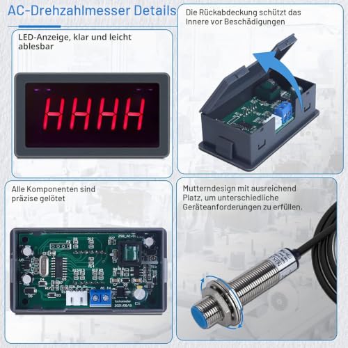 DONGKER Digital LED Tachometer, AC 230V 110V Digital RPM Motor Tachometer with Hall Proximity Switch Sensor NPN Tachometer