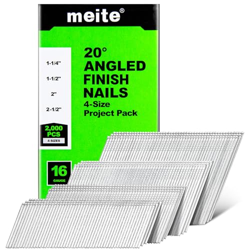 meite 16 Gauge 20 Degree Finish Nails Set 2-Inch & 2000-Pack Assorted Size Project Pack Galvanized Angled Finishing Nails for Finish Nailer Cabinet Crown Baseboard