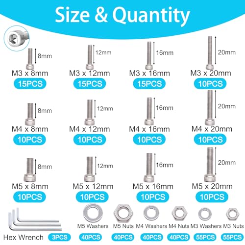 405PCS M3 M4 M5 Metric Screw Assortment Kit, 8-20mm Hex Socket Head Cap Screws Bolts Nuts Washers Assortment Kit + 2285PCS Metric Screw Assortment Kit M2 M3 M4 M5