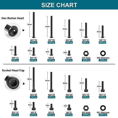 SATANTECH 1590Pcs M3 Screw Kit, Hex Button and Socket Head Bolts and Nuts Washers Set, 12.9 Grade Alloy Steel M3 Screw Assortment Kit for 3D Printing Black M3 Hex Button&Socket Head Kit