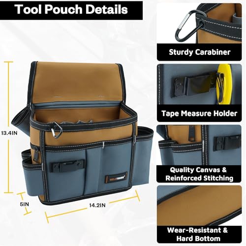 MELOTOUGH Professional Tool Belt Pouch,Small Tool Pouch with Belt,Left/Right Hammer Holder,Design Multi-Functional Pockets for Electrician/Carpenter/Construction, Waist Fits 32-50 Inches,Khaki