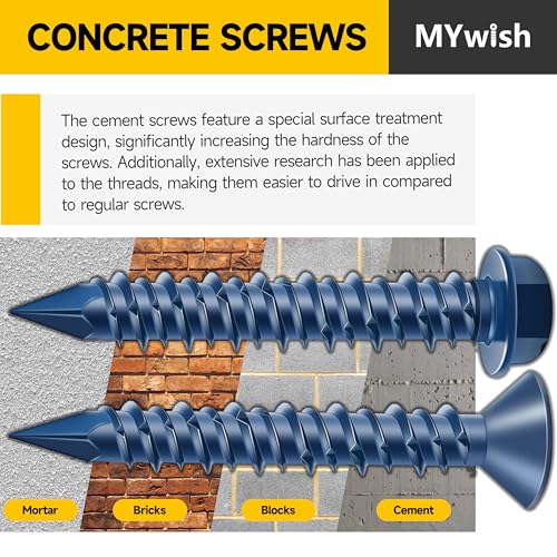 Mywish 1/4 Hex Head Lag Screws Assortment Kit & Concrete Screws with Drill Bits 200Pcs Concrete Screws Assortment Kit 1/4 3/16, Flat Pillips & Hex Head Masonry Screws