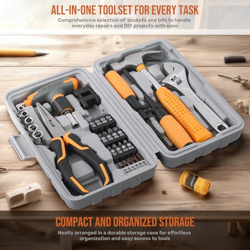 Hi-Spec Magnetic T-Handle Ratchet Wrench and Screwdriver Set with Toolbox Pale Yellow