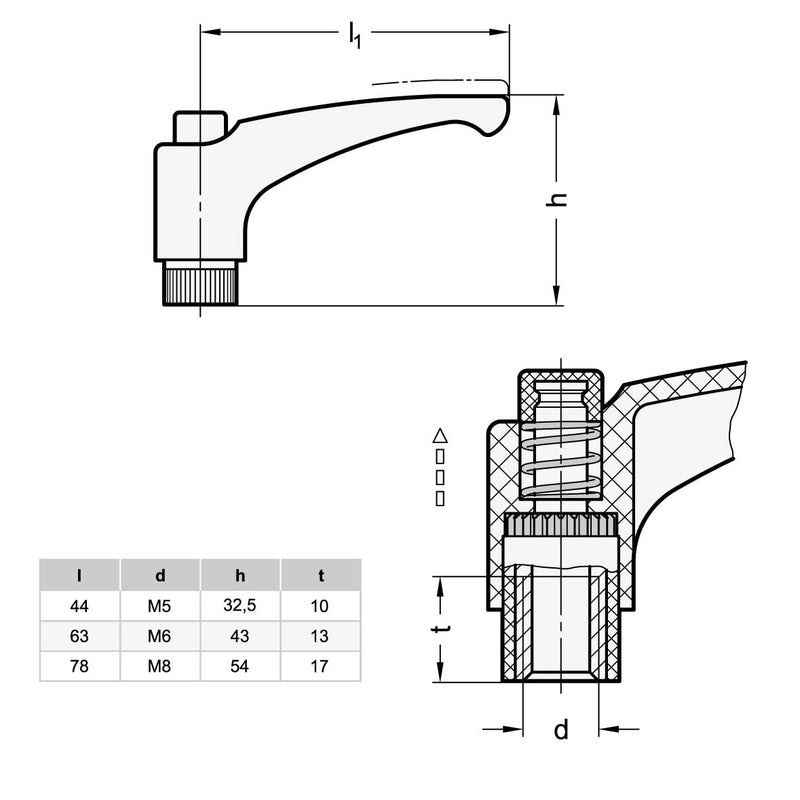 Ganter standard elements | Pack of 2 clamping levers plastic, bushing brass | GN 603-44-M5-DSG | thread M5