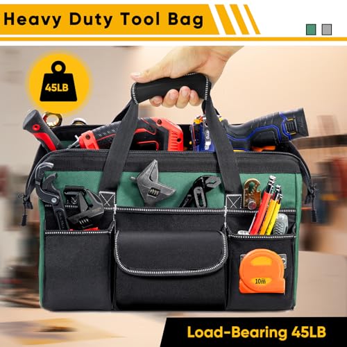 Large Heavy Duty Tool Bag for Men – 17" Toolbox Organizer with 22 Pockets & Wrench Holder – Wide Mouth Tool Tote with Anti-Slip Base – Gift for Handyman, Mechanic, Father's Day Large - 17” Green