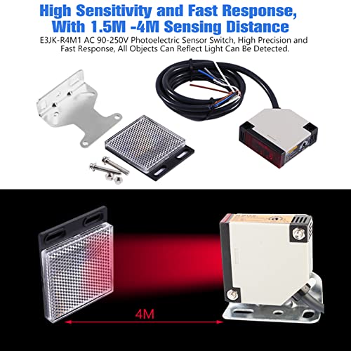Photoelectric Switch Sensor E3JK-R4M1 Retroreflective Photoelectric Proximity Switch AC90-250VAC 3A Specular Reflection Indoor Wall Mounted with Reflector Panel 1.5M Cable Induction Distance 4M