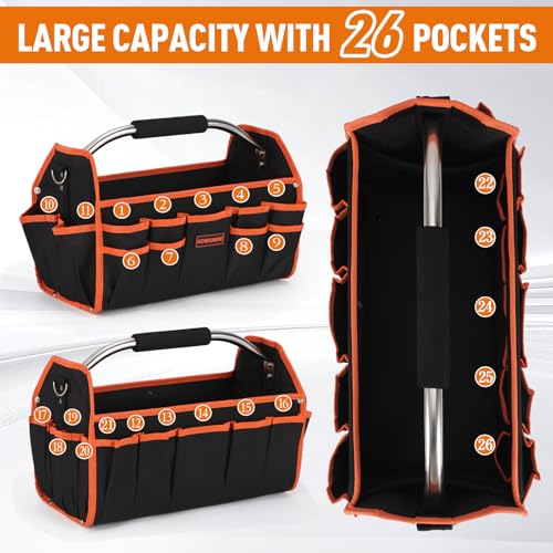 Kowsinde 18 Inch Tool Bag, Electrician Tool Bag, Open Top Tool Bags, 26 Pockets Can Hold Many Tools, Steel Handle and Removable Shoulder Strap Orange