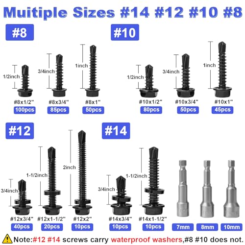 593Pcs Hex Washer Head Self-Drilling Screws, #8#10#12#14 Self Tapping Screws Assortment Kit, Black Oxide 410 Stainless Steel Sheet Metal Tek Screws for Wood, Length 1/2" to 2", Hex Socket Included F #8#10#12#14 Hex Washer Head Black (500pcs)
