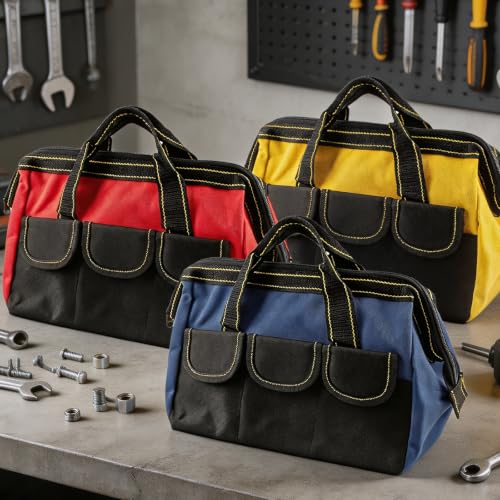 3 Pack 13 Inch Tool Bag, Wide Mouth Tool Tote Bag with Waterproof Base, Heavy Duty Tool Storage Bag Organizer for Various Tools, 5 Pockets, Blue, Yellow, Red