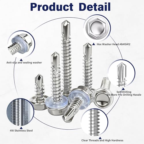 900PCS #8#10#12 Self Tapping Screws for Metal, 410 Stainless Steel Hex Washer Head Self Drilling Sheet Metal Screws Assortment Kit with Rubber Washers Silver