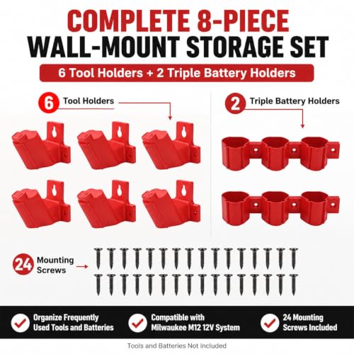 M12 Tool Holder and Battery Holder Wall Mount, Compatible with Milwaukee M12 12V Tools and Batteries, Plastic Drill Hangers and Storage Organizer for Garage, Workshop, Truck and Van, 24 Screws