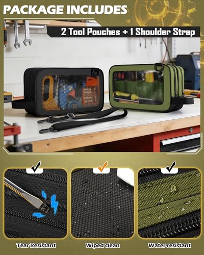 Marscamd 2 Pack Tool Pouch with Dual Compartments, 12” Tool Bag Black and Green