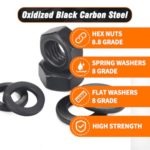 Metric Nuts Washers Assortment Kit M2-M12 Hex Nut Spring Washer Flat Washer Black Metric (M2-M12) 2604PCS