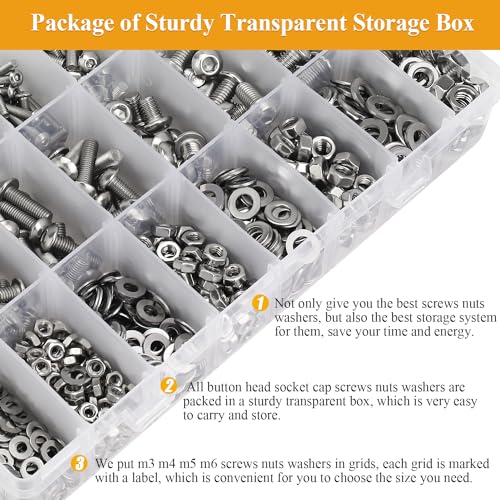 815 Pieces M3 M4 M5 M6 Button Head Socket Cap Screws Nuts Washers Assortment Kit, Metric Screw Assortment with Hex Wrenches, 304 Stainless Steel, Fully Threaded M3M4M5M6 (815 Pieces)